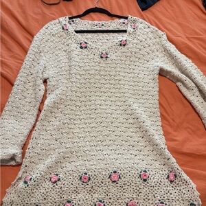 Cream Crochet Dress with Pink Floral Accents